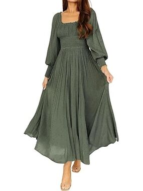 Smocked Waist Olive Maxi Dress with Balloon Sleeves
